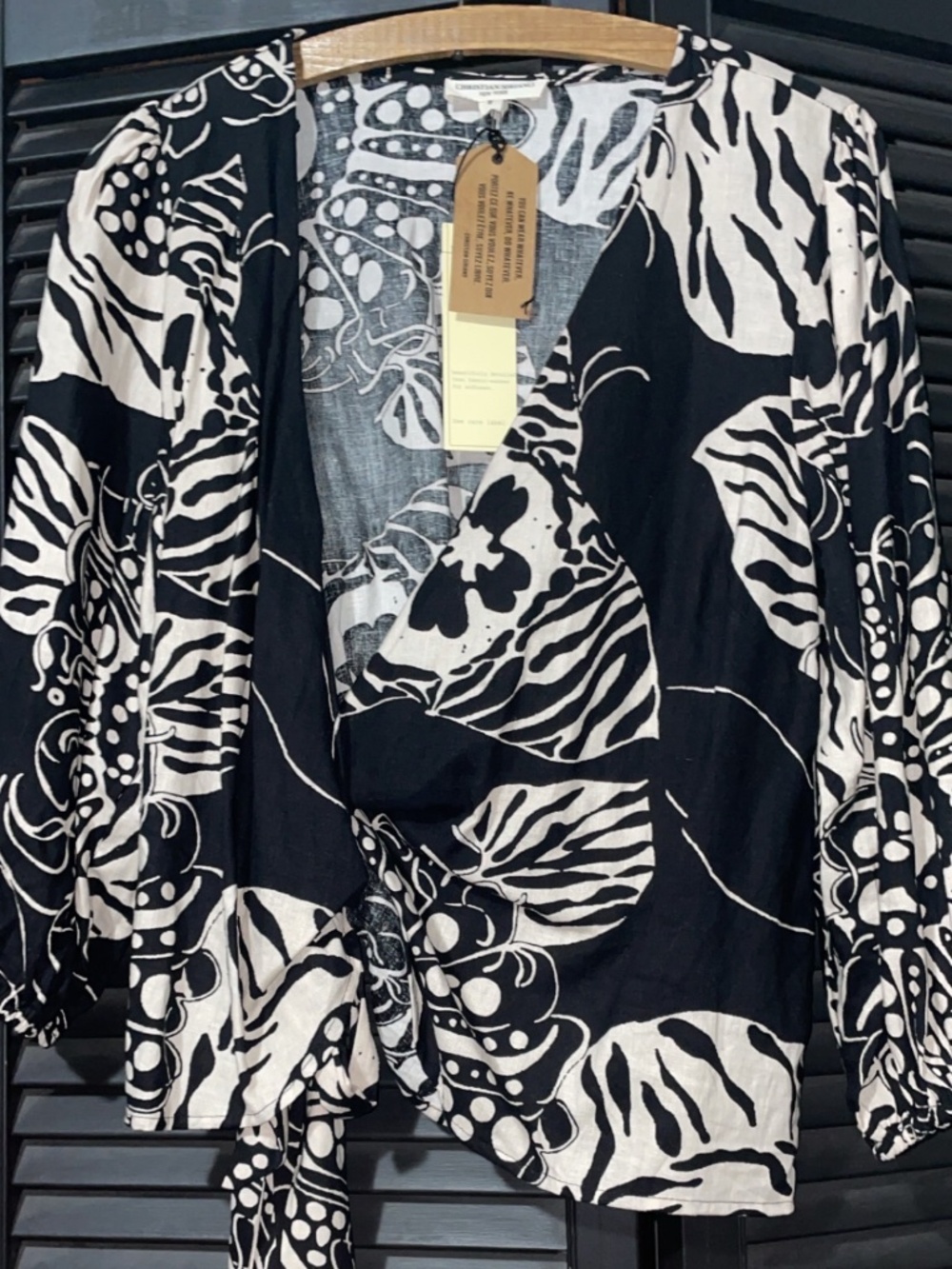 Christian Siriano NY Black White Tropical Floral Wrap Blouse Tie Front Size Smal